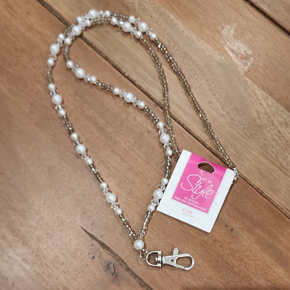 Pearl Bead Lanyard Key & Card Holder - White/Gold